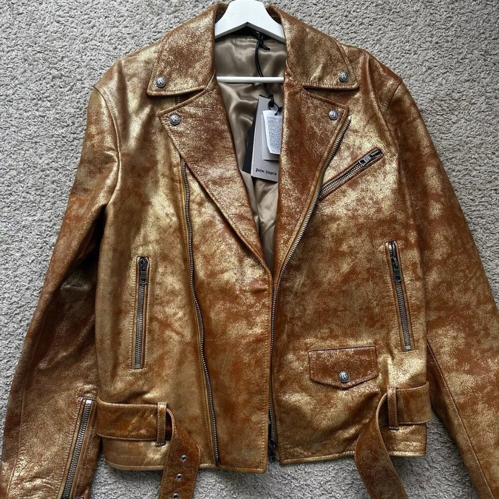 Palm Angels City Leather Gold Laminated Biker Jacket - Size 50 IT / US L